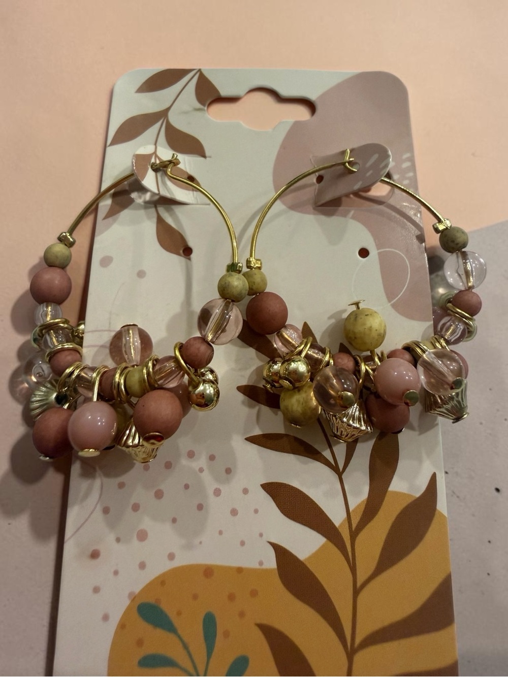 Gold Hoop Earrings with Pink and Cream Beads